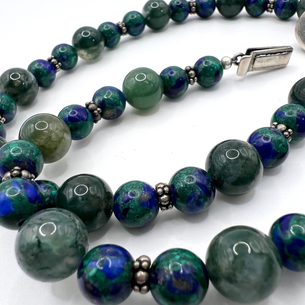 VTG 925 Sterling Azurite Malachite Moss Agate Mother of Pearl Beaded Necklace - Picture 6 of 13
